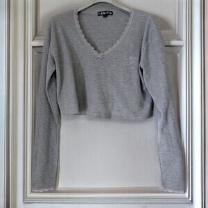 I.AM.GIA Y2K Waffle Knit Lace Trim Crop Top Gray Long Sleeve Size L